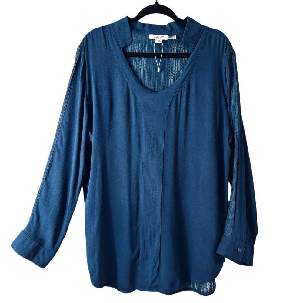 Simply Noelle XXL semi-sheer dark aqua blue mixed texture tunic blouse